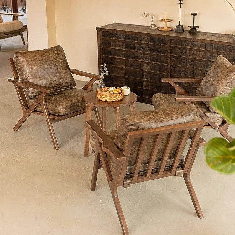 Retro Gold-Embossed Fabric Solid Wood Single Armchair Dining Room & Café Solid Wood Table & Chair Set Home Living Room Lounge Chair