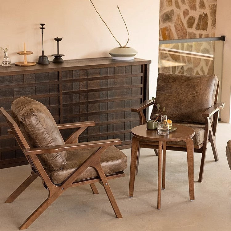 Retro Gold-Embossed Fabric Solid Wood Single Armchair Dining Room & Café Solid Wood Table & Chair Set Home Living Room Lounge Chair