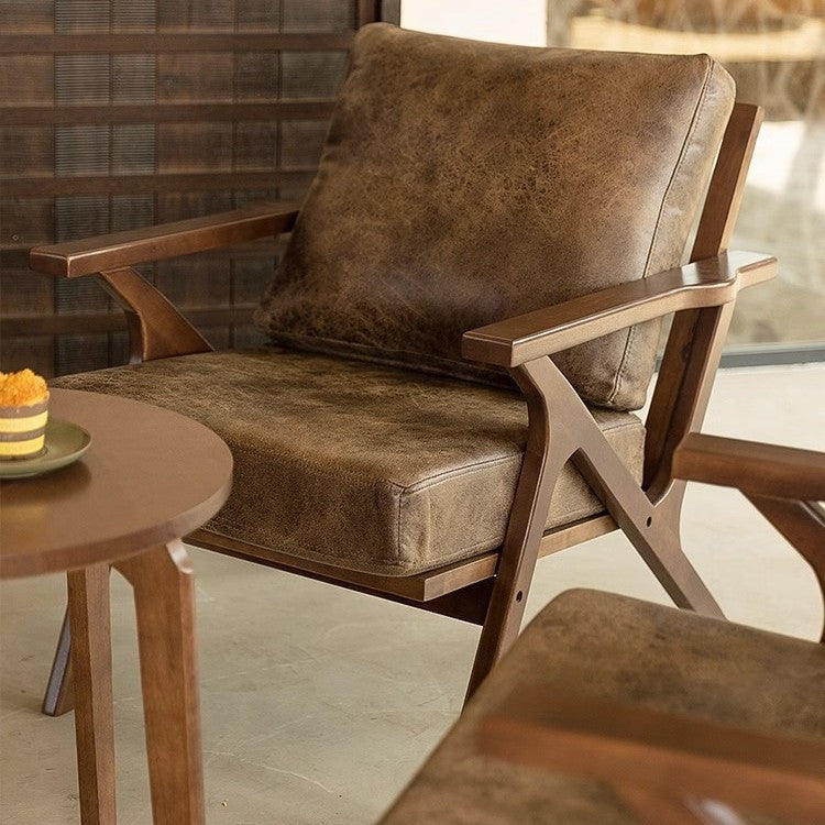 Retro Gold-Embossed Fabric Solid Wood Single Armchair Dining Room & Café Solid Wood Table & Chair Set Home Living Room Lounge Chair